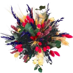Arreglo floral preservado con toques de color azules, blancos y rosas.