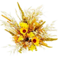 Ramo de flores secas en tonos pastel con girasoles preservados.