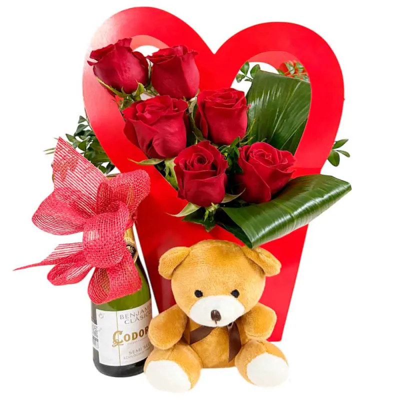 Pack de rosas rojas y peluche para San Valentín.