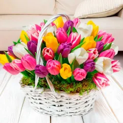 Cesta hecha con tulipanes de colores a domicilio en Madrid