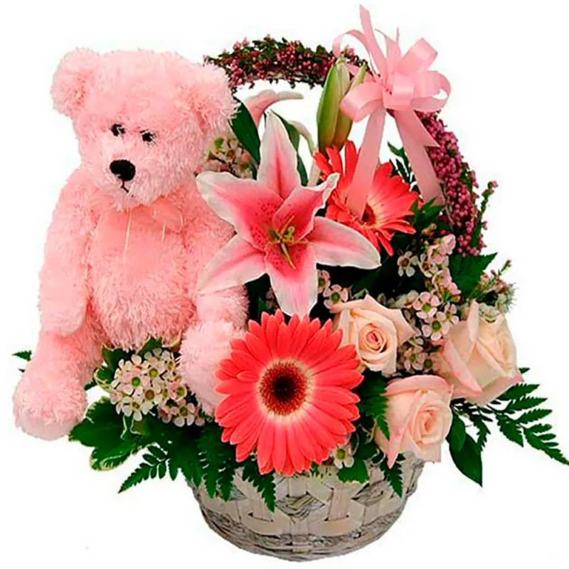 Centro de flores con osito rosa para regalar a una máma con bebé recién nacido