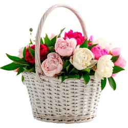 Cesta con peonías de colores variados