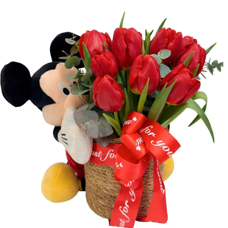 Tulipanes rojos y peluche de Disney a domicilio en Madrid