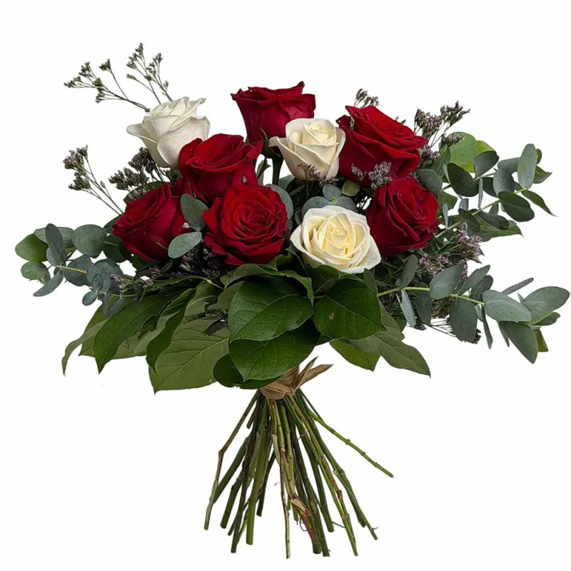 Ramo de rosas hecho con 3 rosas blancas y 6 rojas. Envío a domicilio en Madrid