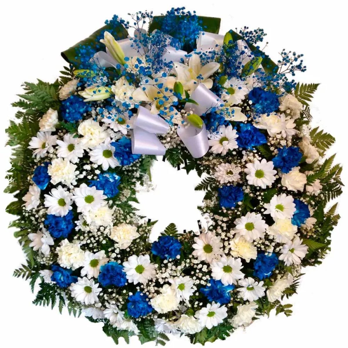 Corona de flores para condolencias azul en tanatorios de Madrid.