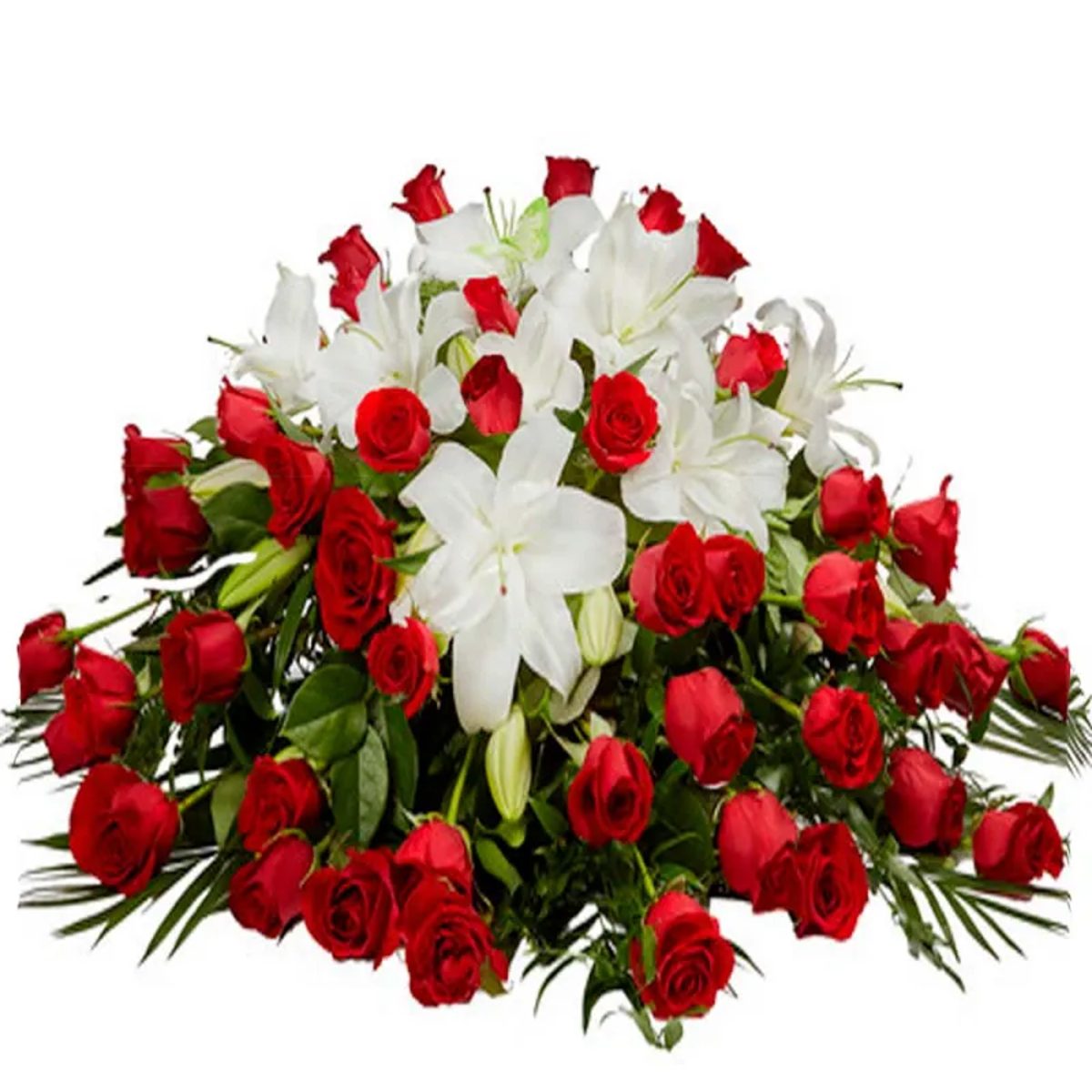 Almohadón funeral de rosas rojas y lirios blancos. Madrid