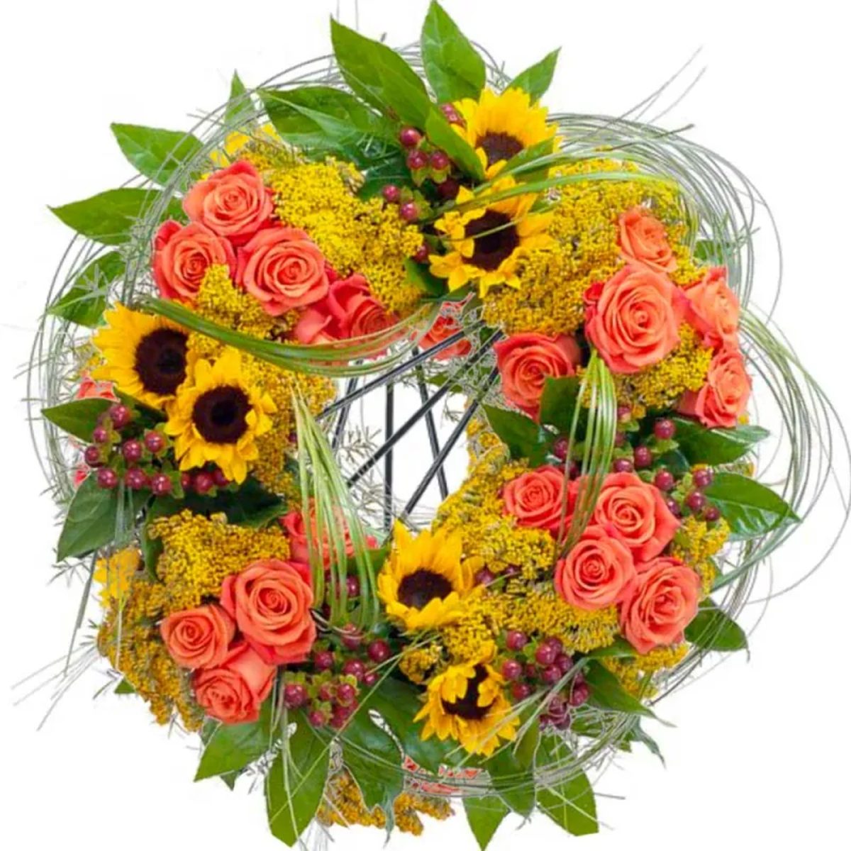 Corona de flores con girasoles.