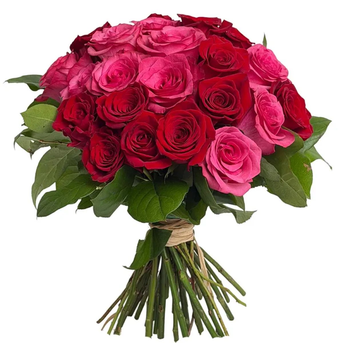 Ramo de flores hecho con rosas de dos colores. Rojas y rosadas
