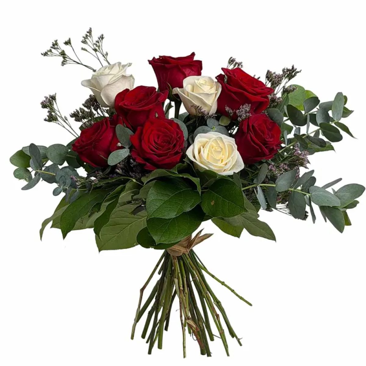Ramo de rosas hecho con 3 rosas blancas y 6 rojas. Envío a domicilio en Madrid