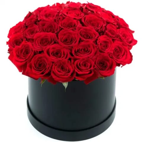 Centro de 60 rosas rojas en sombrerera negra de lujo.