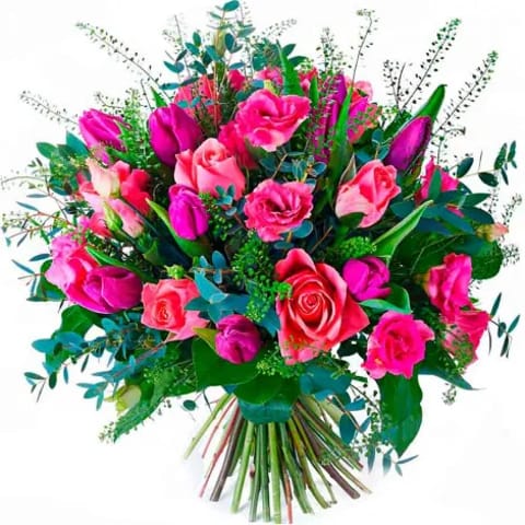 Envío de tulipanes morados, rosas y lisianthus a domicilio en Madrid.