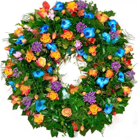 Corona de flores fúnebre para difuntos en Madrid.