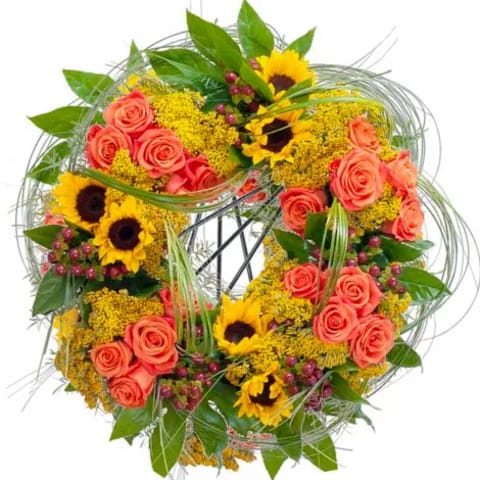 Corona de flores con girasoles.