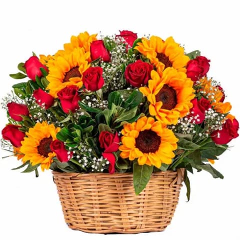 Centro de girasoles y rosas rojas