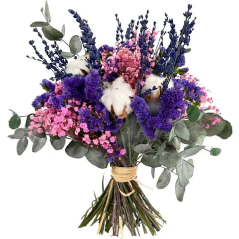 Ramo con flores de algodón en rama y lavanda preservada