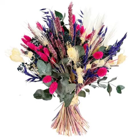 Ramo de flores preservado con tonos rojos, azules y blancos.