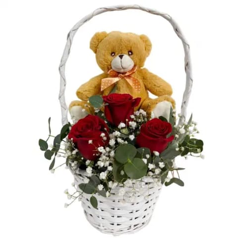 Envío a domicilio de cestas de rosas rojas con peluches para ocasiones románticas.